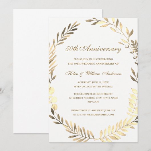 Golden Leaf Krans 50ste Jubileum Kaart (Voorkant / Achterkant)