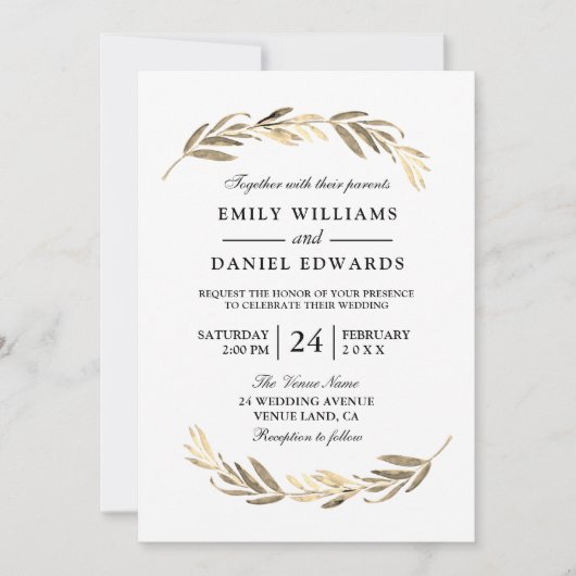 Golden Leaf Modern Elegant Wedding Kaart (Voorkant)