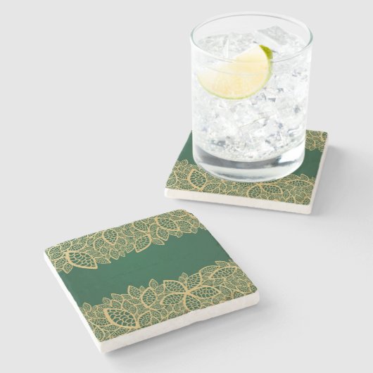 Golden leaf op groene achtergrond stenen onderzetter (Zijkant)
