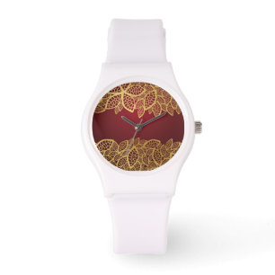 Golden leaf op rode achtergrond horloge