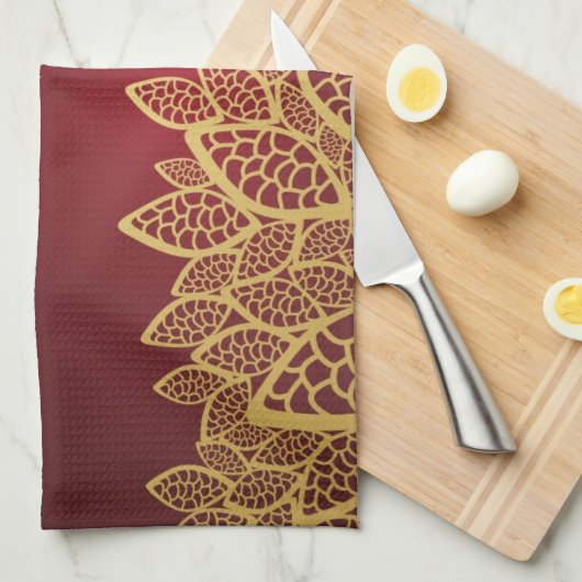 Golden leaf op rode achtergrond theedoek (Quarter Fold)