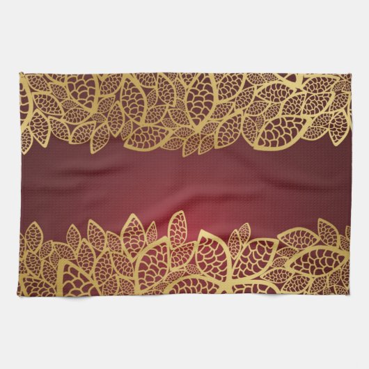 Golden leaf op rode achtergrond theedoek (Horizontaal)