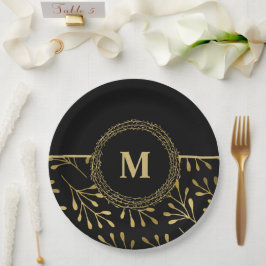 Golden Leaf Pattern Black & Gold Elegant Monogram Papieren Bordje