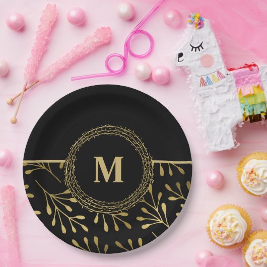 Golden Leaf Pattern Black & Gold Elegant Monogram Papieren Bordje (Feest)