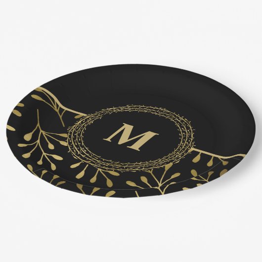Golden Leaf Pattern Black & Gold Elegant Monogram Papieren Bordje (Gekanteld)