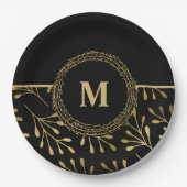 Golden Leaf Pattern Black & Gold Elegant Monogram Papieren Bordje (Voorkant)