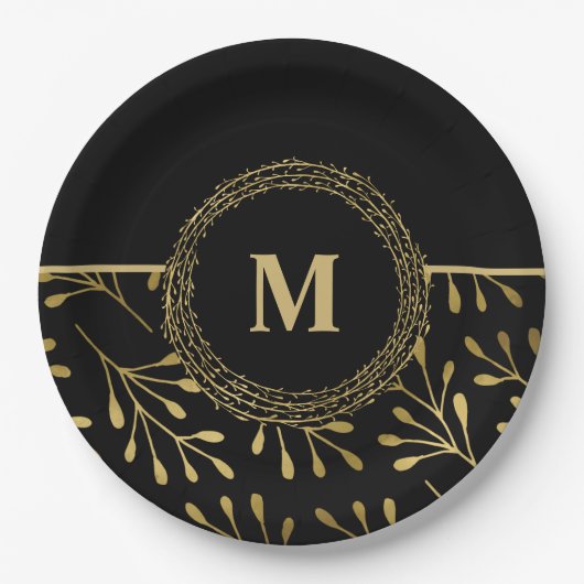 Golden Leaf Pattern Black & Gold Elegant Monogram Papieren Bordje (Voorkant)