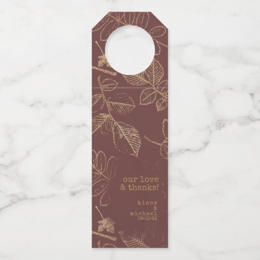 Golden Leaf Pattern Wedding Gold/Burgundy ID655 Flessenhanger (Voorkant)
