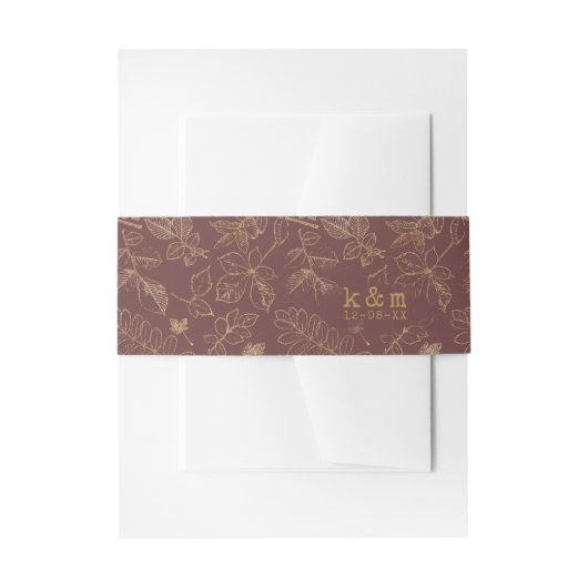 Golden Leaf Pattern Wedding Gold/Burgundy ID655 Uitnodigingen Wikkel (Voorkant Voorbeeld)