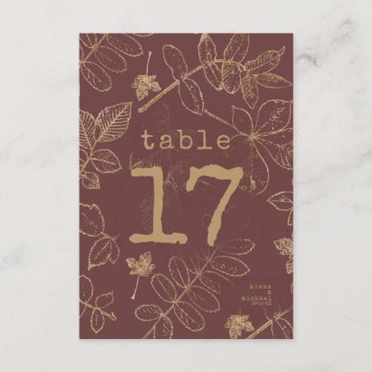 Golden Leaf Wedding Table Number Burgundy ID655 Kaart (Voorkant)