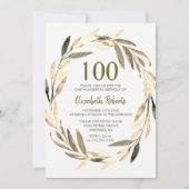 Golden Leaf Wreath 100th Birthday Party Invitation Kaart (Voorkant)