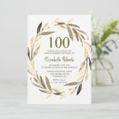 Golden Leaf Wreath 100th Birthday Party Invitation Kaart (Staand voorkant)
