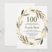 Golden Leaf Wreath 100th Birthday Party Invitation Kaart (Voorkant / Achterkant)