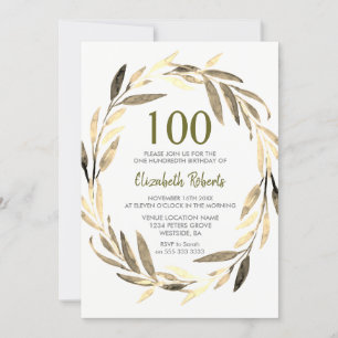 Golden Leaf Wreath 100th Birthday Party Invitation Kaart