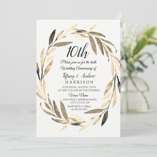 Golden Leaf Wreath 10th Wedding Jubileum Invite Kaart (Staand voorkant)