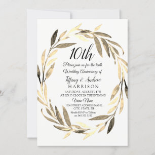 Golden Leaf Wreath 10th Wedding Jubileum Invite Kaart
