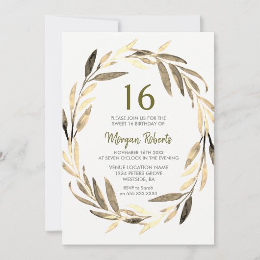 Golden Leaf Wreath 16th Birthday Party Invitation Kaart (Voorkant)