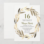 Golden Leaf Wreath 16th Birthday Party Invitation Kaart (Voorkant / Achterkant)