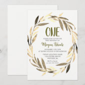 Golden Leaf Wreath 1st Birthday Boy of Girl Invite Kaart (Voorkant / Achterkant)