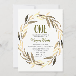 Golden Leaf Wreath 1st Birthday Boy of Girl Invite Kaart