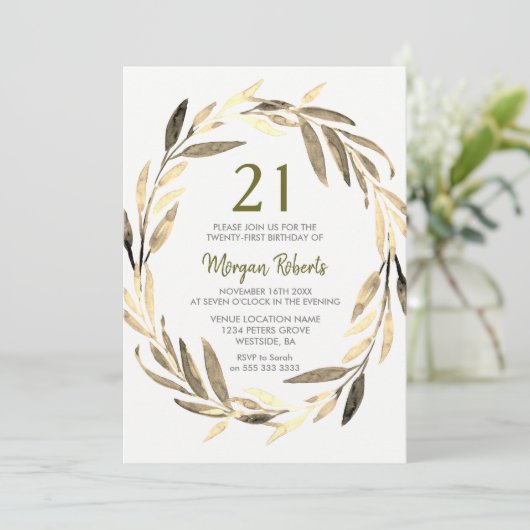 Golden Leaf Wreath 21st Birthday Party Invitation Kaart (Staand voorkant)