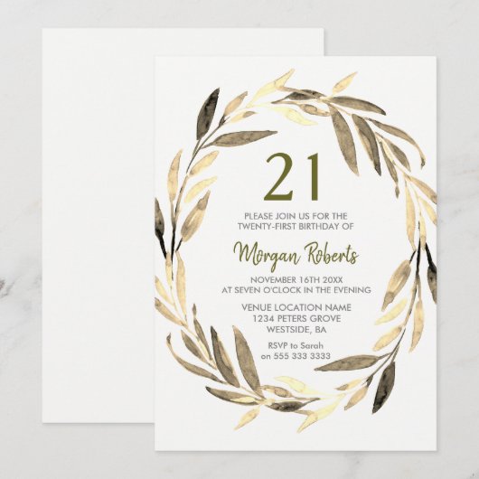 Golden Leaf Wreath 21st Birthday Party Invitation Kaart (Voorkant / Achterkant)