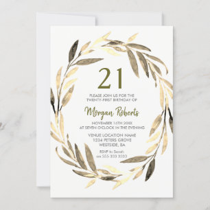 Golden Leaf Wreath 21st Birthday Party Invitation Kaart