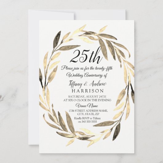 Golden Leaf Wreath 25th Wedding Jubileum Invite Kaart (Voorkant)
