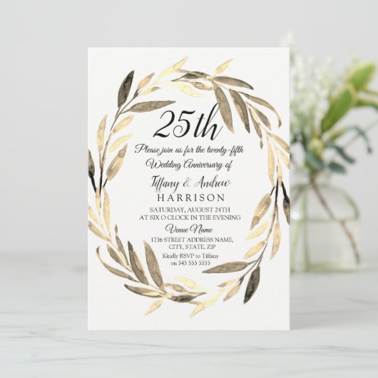 Golden Leaf Wreath 25th Wedding Jubileum Invite Kaart (Staand voorkant)