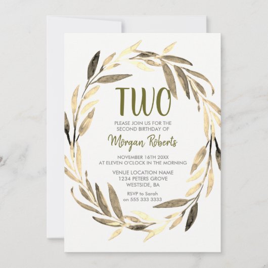 Golden Leaf Wreath 2nd Birthday Boy of Girl Invite Kaart (Voorkant)