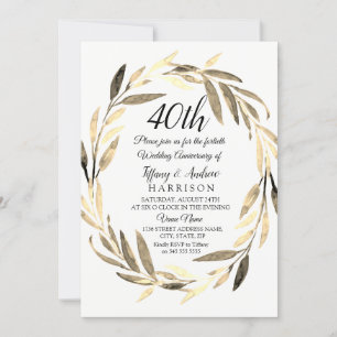 Golden Leaf Wreath 40th Wedding Jubileum Invite Kaart