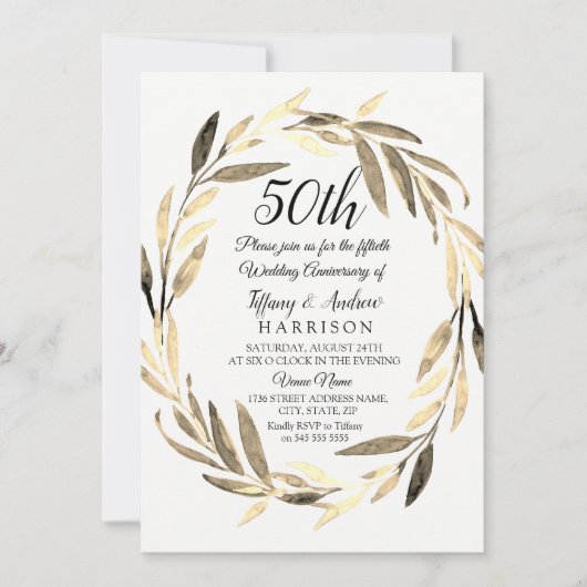 Golden Leaf Wreath 50th Wedding Jubileum Invite Kaart (Voorkant)