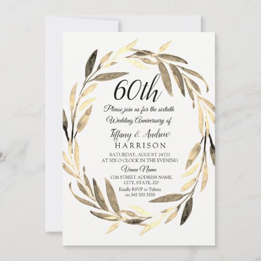 Golden Leaf Wreath 60th Wedding Jubileum Invite Kaart (Voorkant)