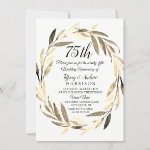 Golden Leaf Wreath 75th Wedding Jubileum Invite Kaart