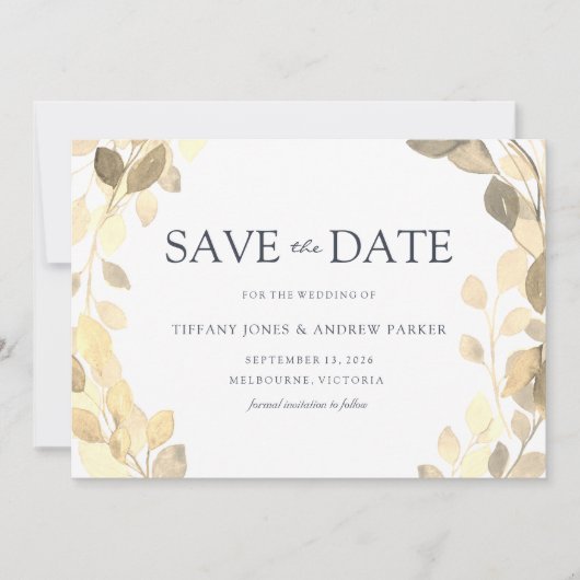 Golden Leaf Wreath Elegant Herfst Autumn Wedding Save The Date (Voorkant)