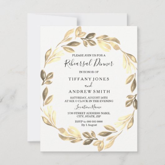 Golden Leaf Wreath Elegant Rehearsal Dinner Kaart (Voorkant)