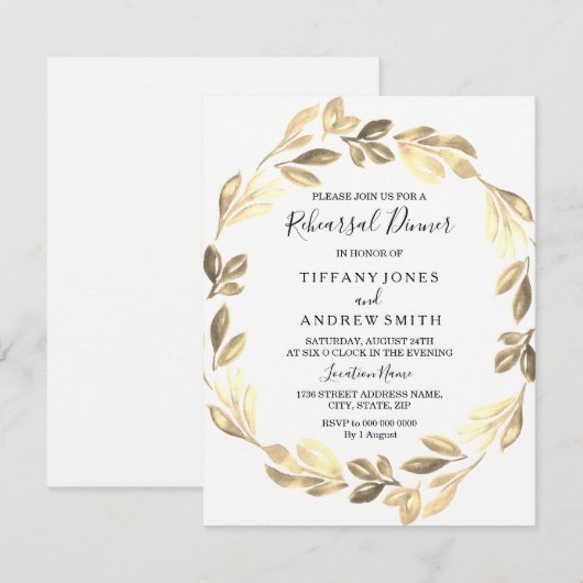Golden Leaf Wreath Elegant Rehearsal Dinner Kaart (Voorkant / Achterkant)