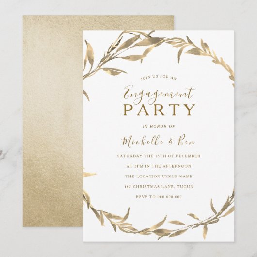 Golden Leaf Wreath Engagement Party Kaart (Voorkant / Achterkant)