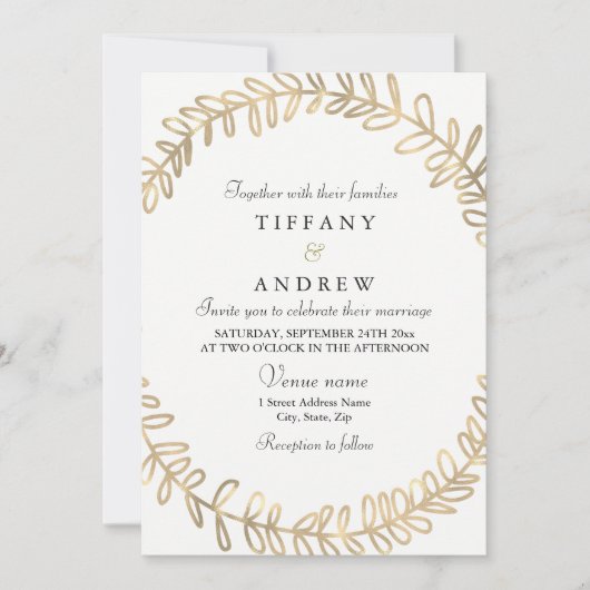 Golden Leaf Wreath Modern Wedding Invite Kaart (Voorkant)
