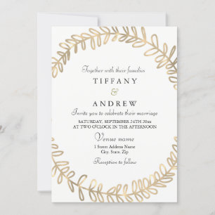 Golden Leaf Wreath Modern Wedding Invite Kaart