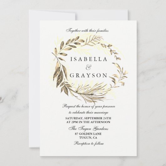 Golden Leaf Wreath Wedding Invitation Kaart (Voorkant)
