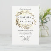 Golden Leaf Wreath Wedding Invitation Kaart (Staand voorkant)