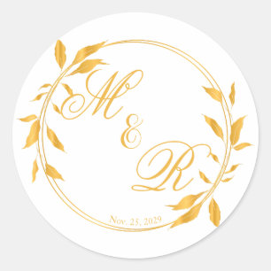 Golden Leafy Wreath Monogrammed Wedding Favor Ronde Sticker