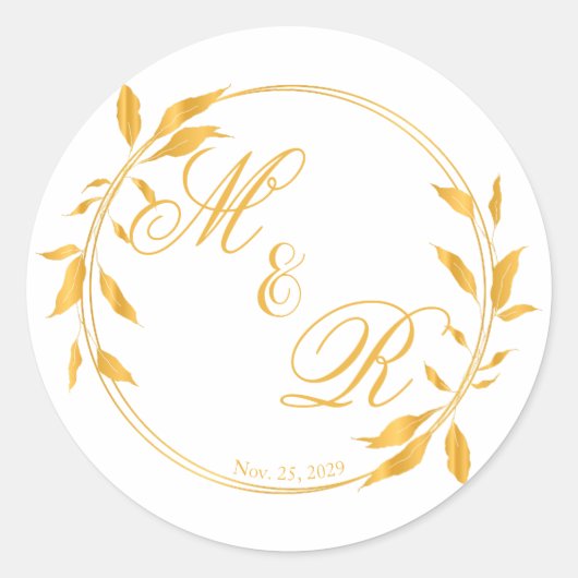 Golden Leafy Wreath Monogrammed Wedding Favor Ronde Sticker (Voorkant)