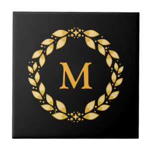 Golden Leaved Roman Wreatmonogram - zwart Tegeltje