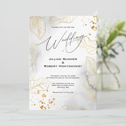Golden Leaves Elegant Huwelijksuitnodiging Kaart (Staand voorkant)