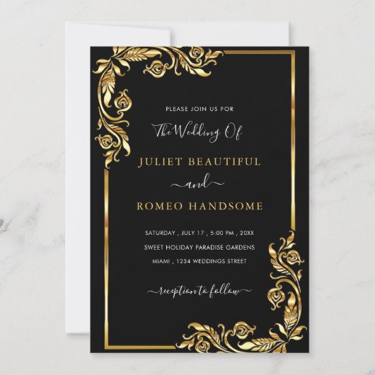 Golden Leaves Framed Black Gold Wedding Invitation (Voorkant)