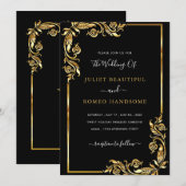 Golden Leaves Framed Black Gold Wedding Invitation (Voorkant / Achterkant)
