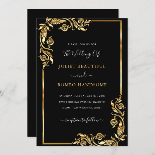 Golden Leaves Framed Black Gold Wedding Invitation (Voorkant / Achterkant)