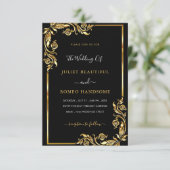 Golden Leaves Framer Black Gold Wedding Invitation Kaart (Staand voorkant)